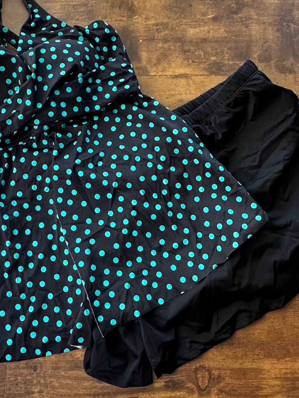 Kim Gravel x Swimsuits For All 2-Piece Tankini & Skirt Set Black Turquoise Polka